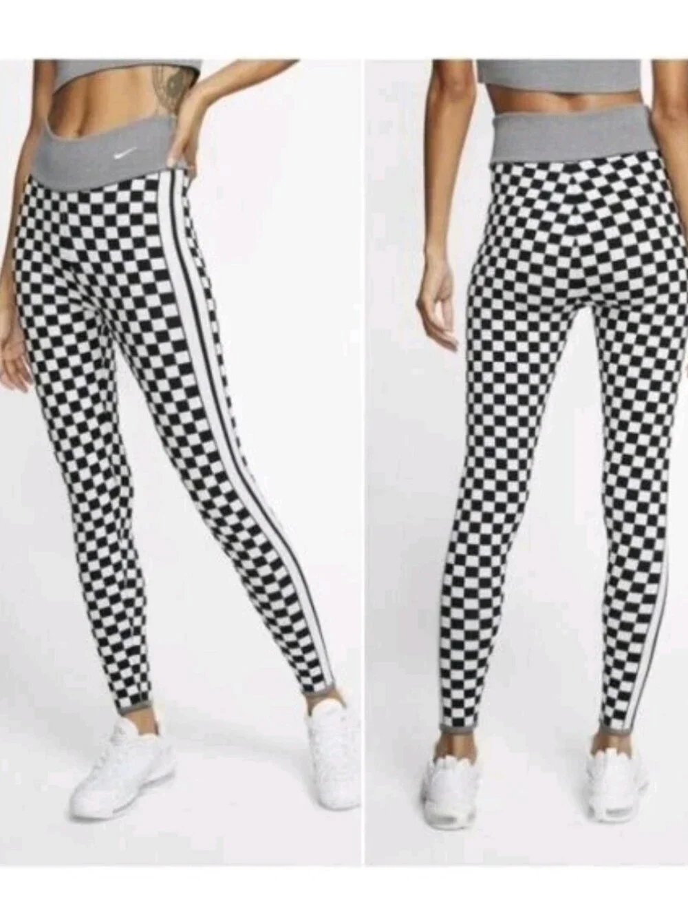 Nike Black & White Checkered Leggings with Side Stripe